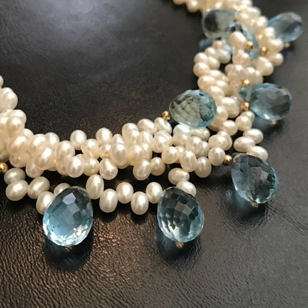 Genuine Multi-Strand Real Pearl Blue Faceted Crystal 14k Solid Gold Necklace
